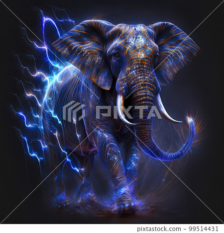 Psychedelic Art Neon Glowing Elephant Radiating With Power On A Black Background Psychedelic Art Neon Glowing Elephant Radiating With Power On A Black Background 99514431