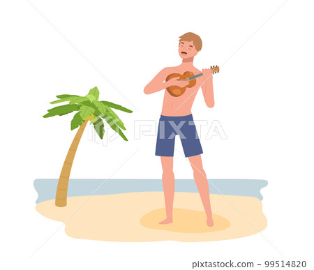 Happy man on the beach playing ukulele and singing. Flat vector illustration. 99514820