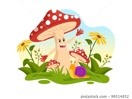 Mushrooms Illustration with Different Mushroom, Grass and Insects for Web Banner or Landing Page in Flat Cartoon Hand Drawn Templates 99514852