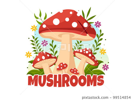 Mushrooms Illustration with Different Mushroom, Grass and Insects for Web Banner or Landing Page in Flat Cartoon Hand Drawn Templates 99514854
