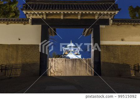 Osaka Castle Sakuramon: Night view of the Osaka Castle tower in the center of the gate Osaka Castle Sakuramon: Night view of the Osaka Castle tower in the center of the gate 99515092