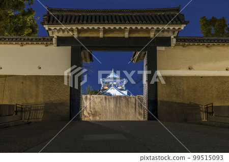 Osaka Castle Sakuramon: Night view of the Osaka Castle tower in the center of the gate Osaka Castle Sakuramon: Night view of the Osaka Castle tower in the center of the gate 99515093
