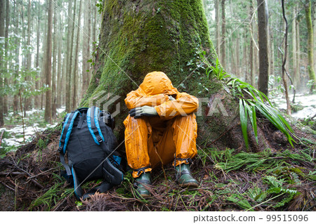 A man who is in distress in the forest and is sitting 99515096