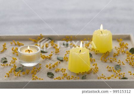 Mimosa flowers and candles 99515312