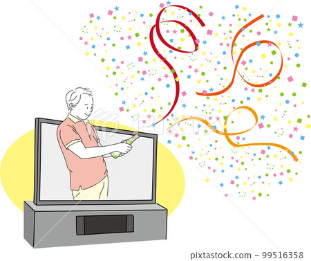 一個微笑的年輕人從電視裡跳出來，拿著五彩紙屑和絲帶的酒瓶 99516358