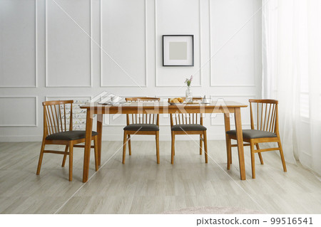 Interior with wooden dining table in white space Interior with wooden dining table in white space 99516541