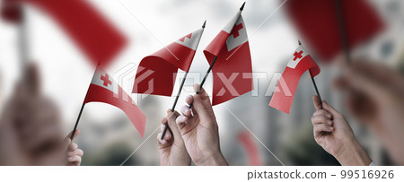 A group of people holding small flags of the Tonga in their hands 99516926