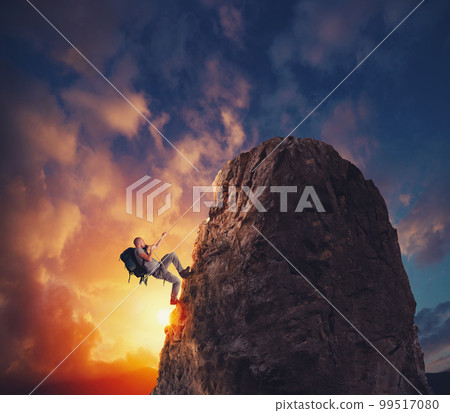 Businessman climb a mountain to get the flag. Achievement business goal and difficult career concept Businessman climb a mountain to get the flag. Achievement business goal and difficult career concept 99517080