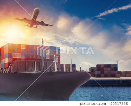 Cargo ship and airplane at the port ready to travel with packages. 3d rendering 99517258