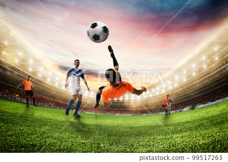Soccer striker hits the ball with an acrobatic bicycle kick. 3D Rendering 99517263