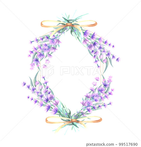 Lavender flowers in a diamond-shaped gold frame. Hand-drawn watercolor illustration. For invitations, greeting cards, prints, posters, advertising Lavender flowers in a diamond-shaped gold frame. Hand-drawn watercolor illustration. For invitations, greeting cards, prints, posters, advertising 99517690
