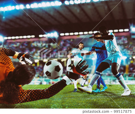 Soccer players play against the opposing team with soccerball at the stadium 99517875