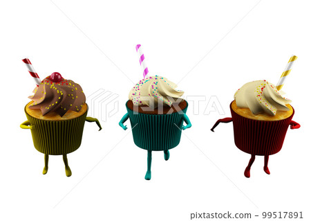 Fat cupcake with cream and candies run with legs and arms. 3d rendering Fat cupcake with cream and candies run with legs and arms. 3d rendering 99517891