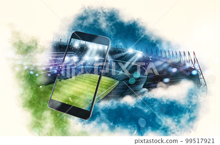 Watch a live sports event on your mobile device. betting on football matches. 3D Rendering Watch a live sports event on your mobile device. betting on football matches. 3D Rendering 99517921