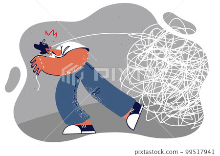 Man pulls large clot symbolizing problems from past that make it difficult to move forward Man pulls large clot symbolizing problems from past that make it difficult to move forward 99517941