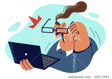 Stunned woman with laptop takes off glasses after seeing unexpected e-mail from business partners 99517943