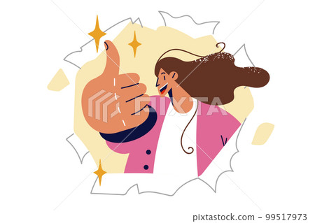 Happy woman showing thumbs up in agreement peeking out of hole in torn advertising banner Happy woman showing thumbs up in agreement peeking out of hole in torn advertising banner 99517973