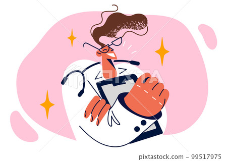 Happy woman nurse holds clipboard to record symptoms of patients who booked doctor consultation Happy woman nurse holds clipboard to record symptoms of patients who booked doctor consultation 99517975