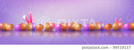 Violet composition with Easter eggs and mirror reflection, bunny ears 99519137
