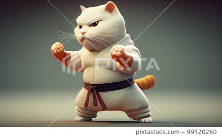 The karate cat in a white kimono with a black belt and headband gets ready to fight. 99520260