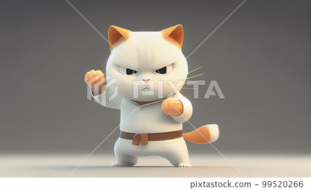The karate cat in a white kimono with a black belt and headband gets ready to fight. 99520266