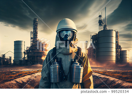 Man in chemical protective suit over factory 99520334