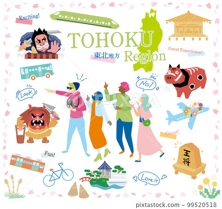 遊客在日本東北地區享受春季觀光，一組圖標（平面） 99520518