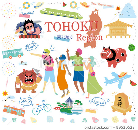 Tourists enjoying sightseeing in summer in the Tohoku region of Japan, set of icons (flat) Tourists enjoying sightseeing in summer in the Tohoku region of Japan, set of icons (flat) 99520522
