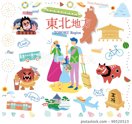 在日本東北地區享受夏季觀光的一家三口，一組圖標（平面） 99520523