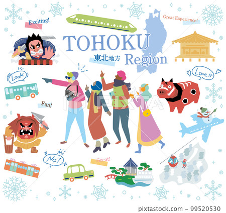 遊客在日本東北地區享受冬季觀光，一組圖標（平面） 99520530