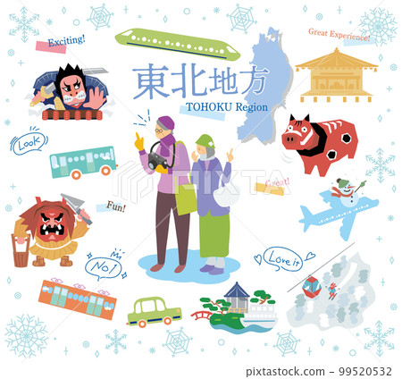 老年夫婦在日本東北地區享受冬季觀光，圖標集（平面） 99520532
