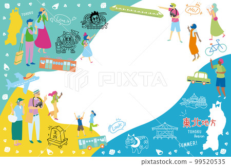 遊客在日本東北地區享受夏季觀光，一組圖標（平面） 99520535