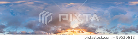 Dark blue sunset sky panorama with pink Cumulus clouds. Seamless hdr 360 panorama in spherical equirectangular format. Full zenith for 3D visualization, sky replacement for aerial drone panoramas. Dark blue sunset sky panorama with pink Cumulus clouds. Seamless hdr 360 panorama in spherical equirectangular format. Full zenith for 3D visualization, sky replacement for aerial drone panoramas. 99520618