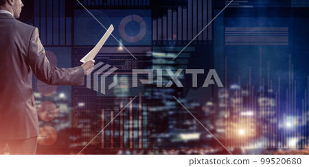 Digital background with infographs and man extending papers or contract 99520680