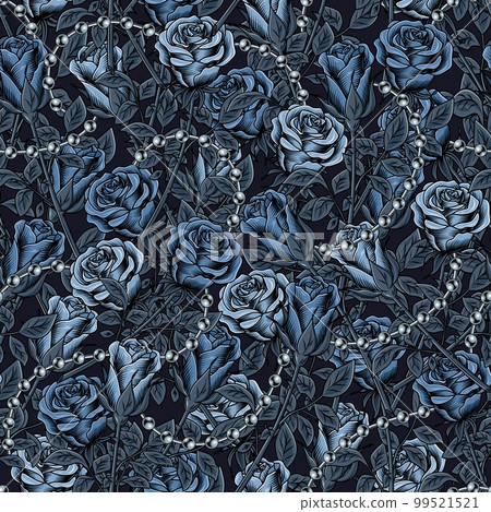 Camouflage pattern with lush blooming blue roses with stems, gray leaves, silver ball chains. Dense composition with overlapping elements. Good for female apparel, fabric, textile, sport goods. Camouflage pattern with lush blooming blue roses with stems, gray leaves, silver ball chains. Dense composition with overlapping elements. Good for female apparel, fabric, textile, sport goods. 99521521