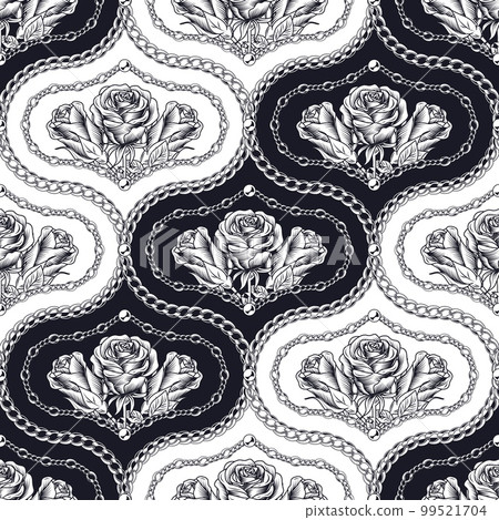 Damask black and white pattern with chains, roses 99521704