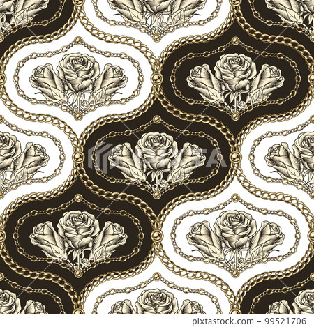 Damask pattern with gold chains, contour roses. 99521706