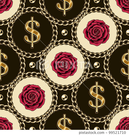 Pattern with circles gold chains roses dollar sign Pattern with circles gold chains roses dollar sign 99521710