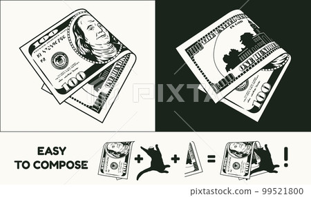 Folded in half american 100 dollar banknote with front and reverse side. Folded in half american 100 dollar banknote with front and reverse side. 99521800