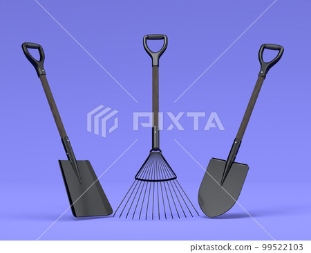 Garden shovel, pitchfork and rake on violet background. 3d render of garden tool and equipment for farm, summer camping Garden shovel, pitchfork and rake on violet background. 3d render of garden tool and equipment for farm, summer camping 99522103