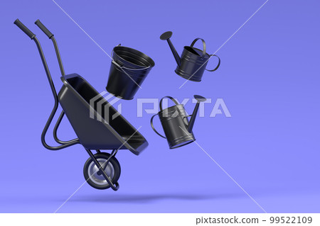 Garden wheelbarrow with garden tools like water can, rake and bucket on violet background. 3d render concept of horticulture and farming supplies 99522109