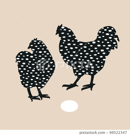 Speckled hen and cock couple, dappled chicken with funny hand drawn texture isolated on grey. Easter design element, vector illustration. 99522347
