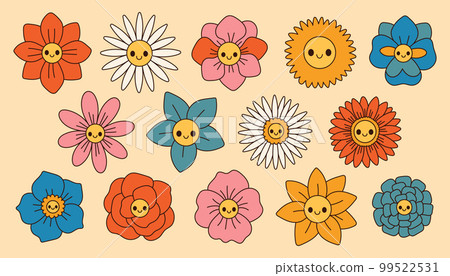 Groovy flowers set. Retro 70s smiling face flowers graphic elements isolated collection. Retro vintage flowers Groovy flowers set. Retro 70s smiling face flowers graphic elements isolated collection. Retro vintage flowers 99522531
