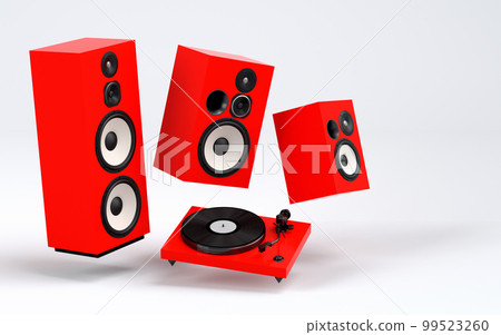 Set of Hi-fi speakers and DJ turntable for sound recording studio on white Set of Hi-fi speakers and DJ turntable for sound recording studio on white 99523260