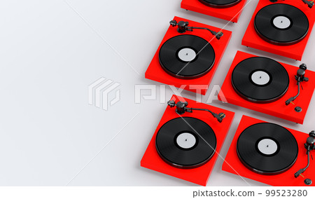 Set of vinyl record player or DJ turntable with retro vinyl disk on white Set of vinyl record player or DJ turntable with retro vinyl disk on white 99523280