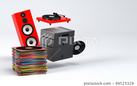 Set of Hi-fi speakers and DJ turntable with vinyl LP record on heap of covers Set of Hi-fi speakers and DJ turntable with vinyl LP record on heap of covers 99523329