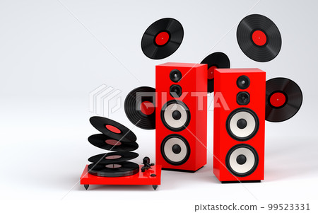 Set of Hi-fi speakers and DJ turntable for sound recording studio on white 99523331