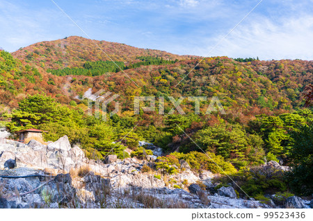 雲仙地獄的風景 紅葉風景 “蒸汽和硫磺岩” 長崎縣雲仙市 雲仙地獄的風景 99523436