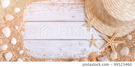 Sand seashells baner background. Summer time concept with sea shells and starfish on wooden background and sand 99523460