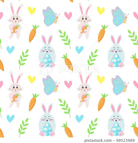 Seamless pattern with Easter bunnies, butterflies, carrots, twigs and hearts. Suitable for Easter cards, posters, things, clothes. Seamless pattern with Easter bunnies, butterflies, carrots, twigs and hearts. Suitable for Easter cards, posters, things, clothes. 99523989